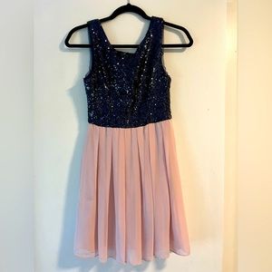Adorable, sweet, navy blue sequin, and light pink semi formal dress